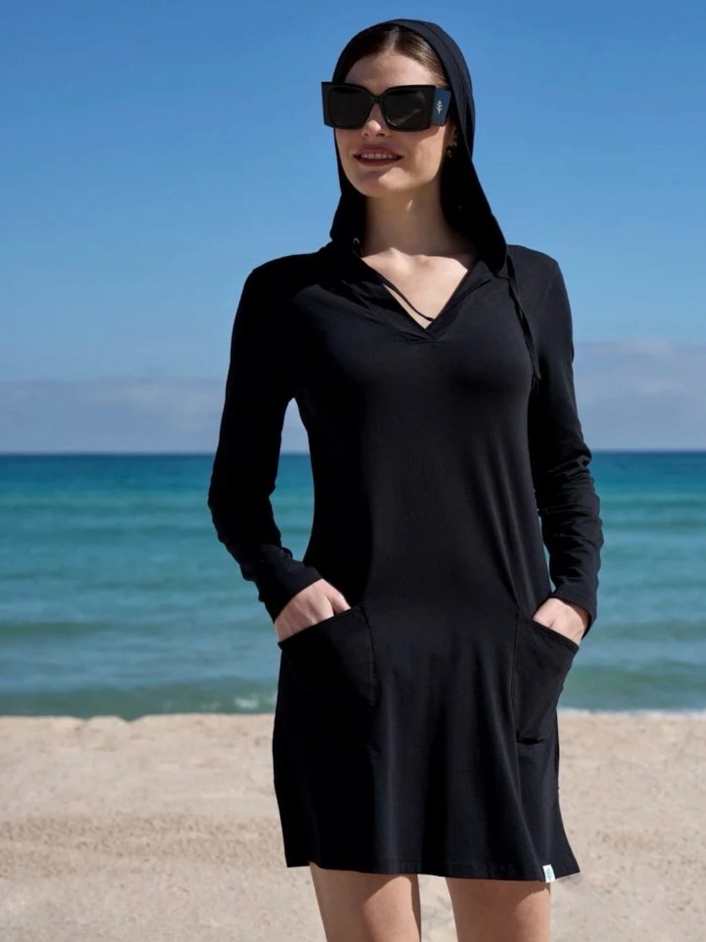 Coolibar S UPC +50 Catalina hooded beach comfort black long sleeve coverup-dress
